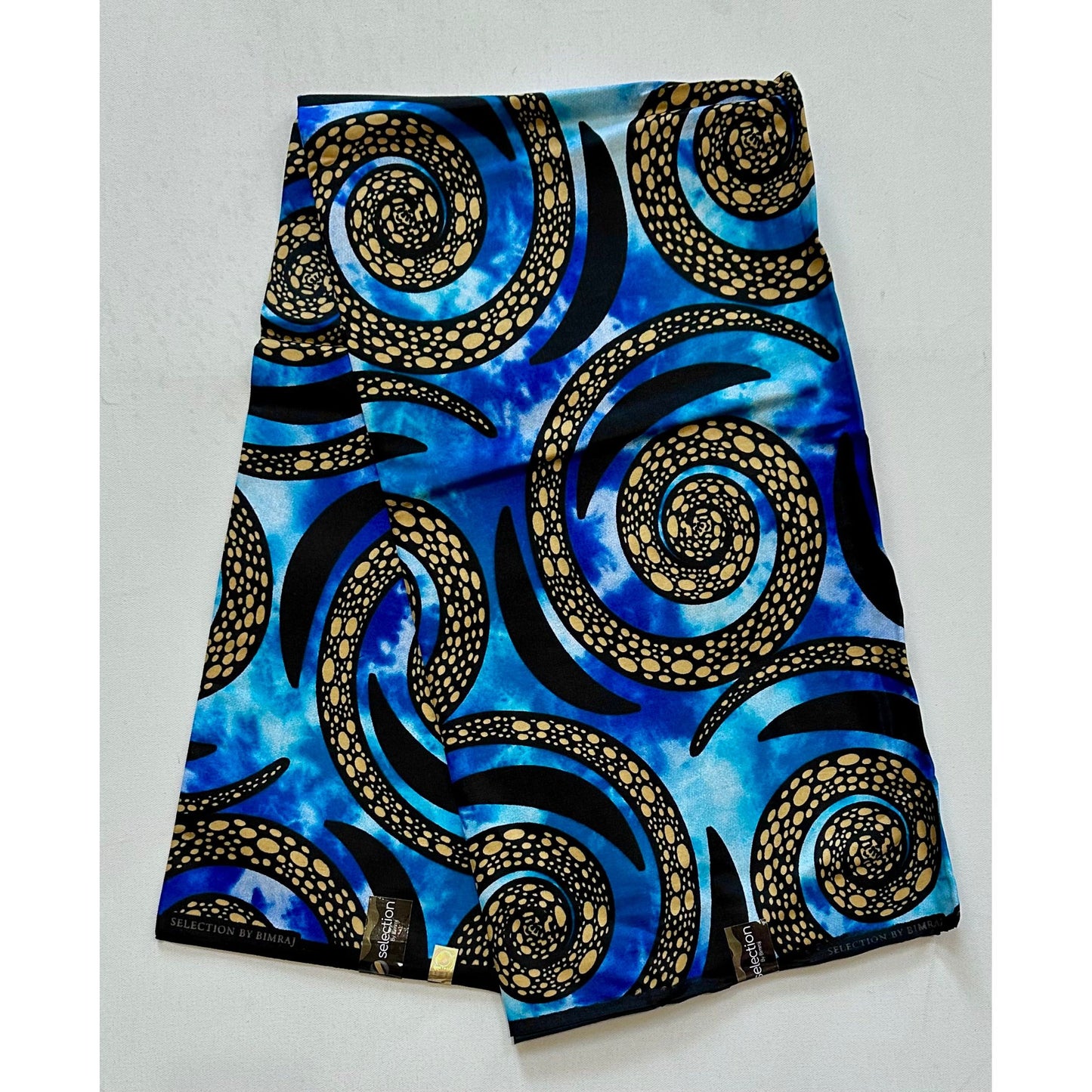 African Print Fabric/ Ankara - Blue, Beige, Black 'Bimi Spiral', YARD or WHOLESALE