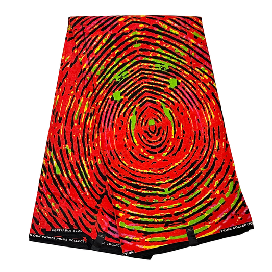 African Print Fabric/ Ankara - Bright Red - Dark Orange, Black, Green 'Fire Print’, YARD or WHOLESALE