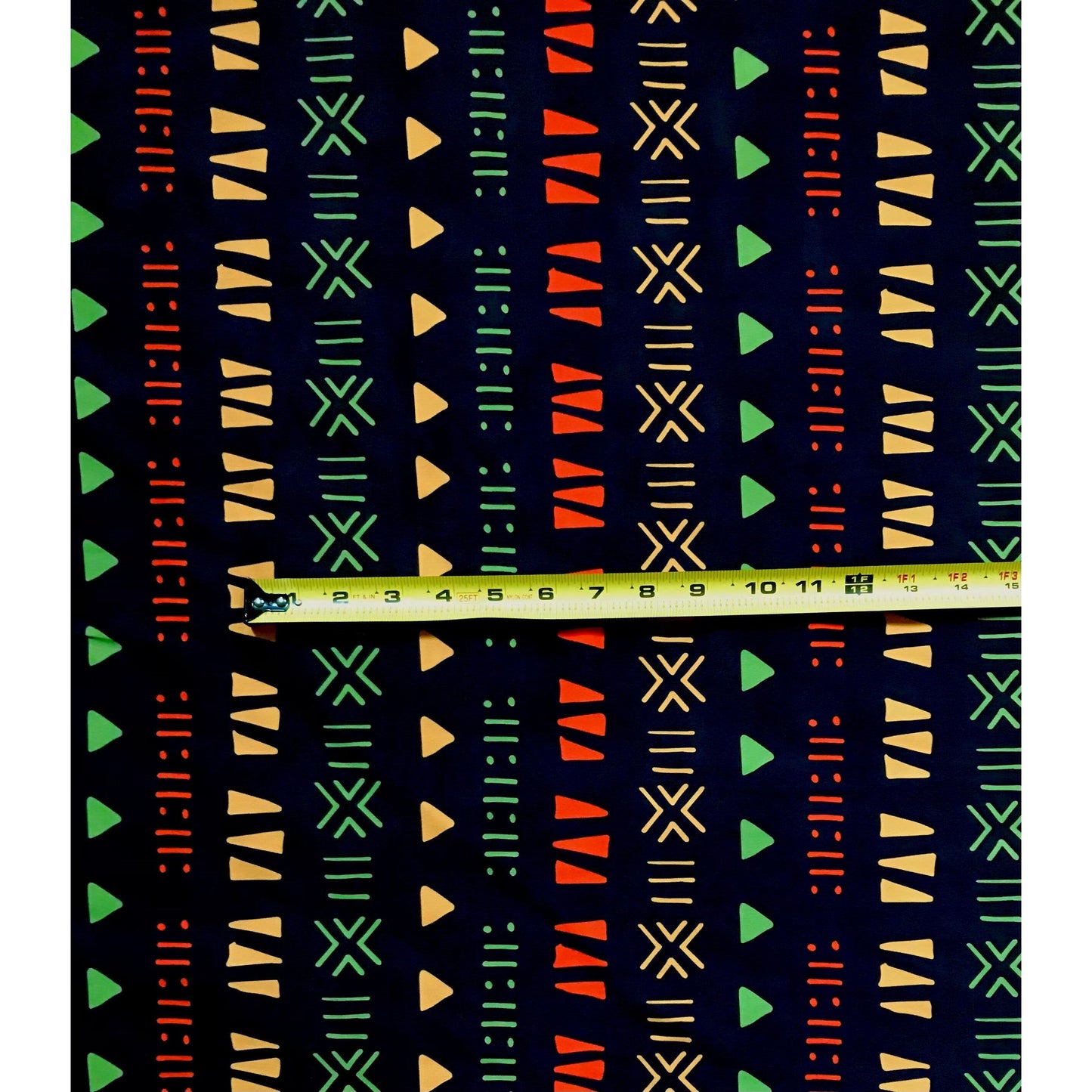 African Print, Elastic Knit Fabric - Dark Brown, Orange, Yellow, Green "Kachi", Per Yard