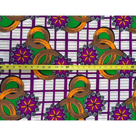 African Print Fabric/ Ankara - Purple, Orange, Green, Black 'Three Rings,' YARD