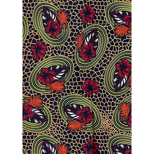 African Print Fabric/ Ankara - Brown, Red, Orange, Black 'Honey & Fire', YARD or WHOLESALE