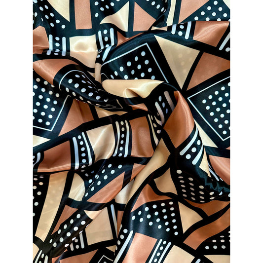 African Print, Satin Fabric - Black, Brown, Beige "Soro Soke", Per Yard or Wholesale