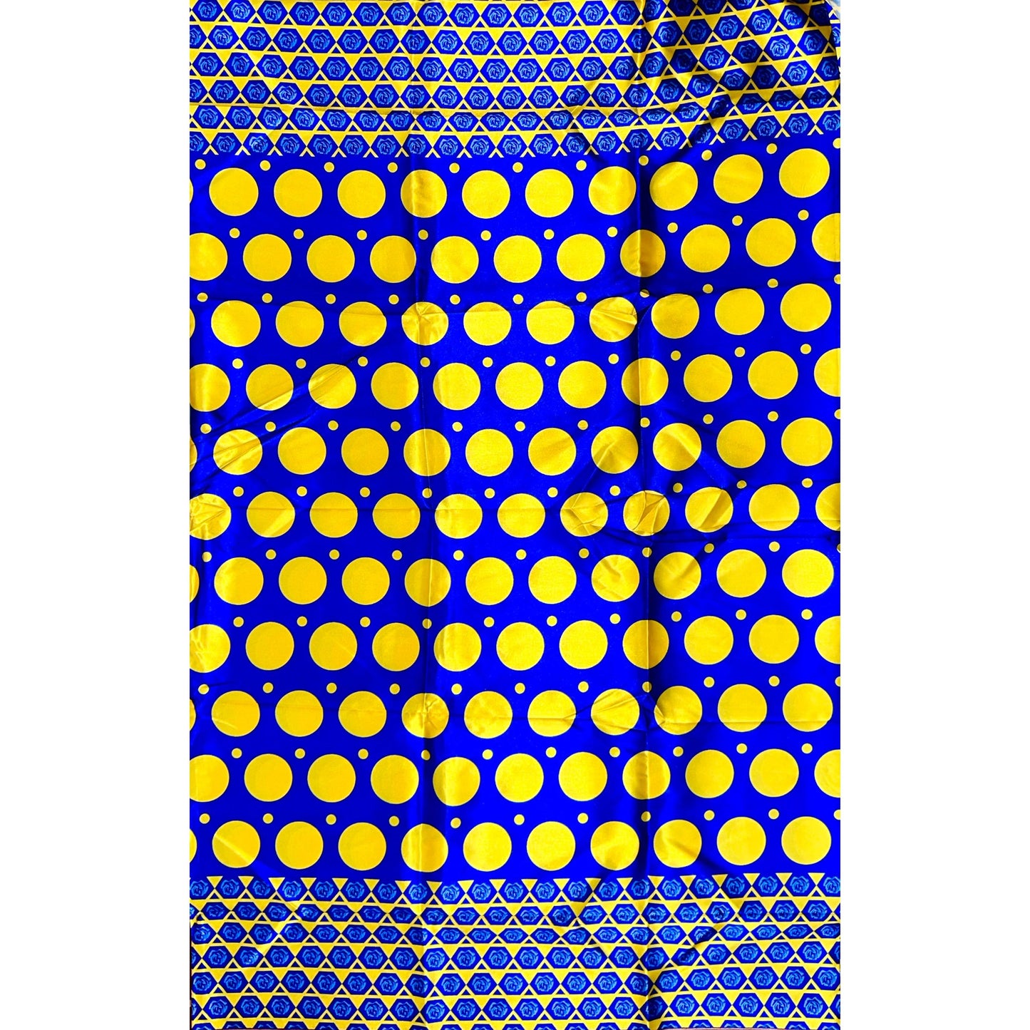 African Print, Satin Fabric - Blue, Yellow "Circles of Eliud", Per Yard or Wholesale