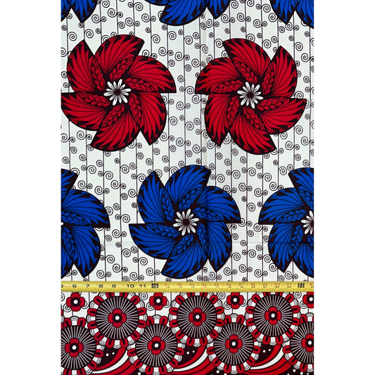 African Print Fabric/ Ankara - Red, Blue, Cream “Bloom Boom', YARD or WHOLESALE