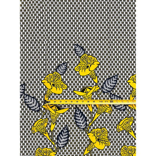 African Print Fabric/Ankara - Yellow, White, Navy "Sọ́lá Drift" Design, Per Yard