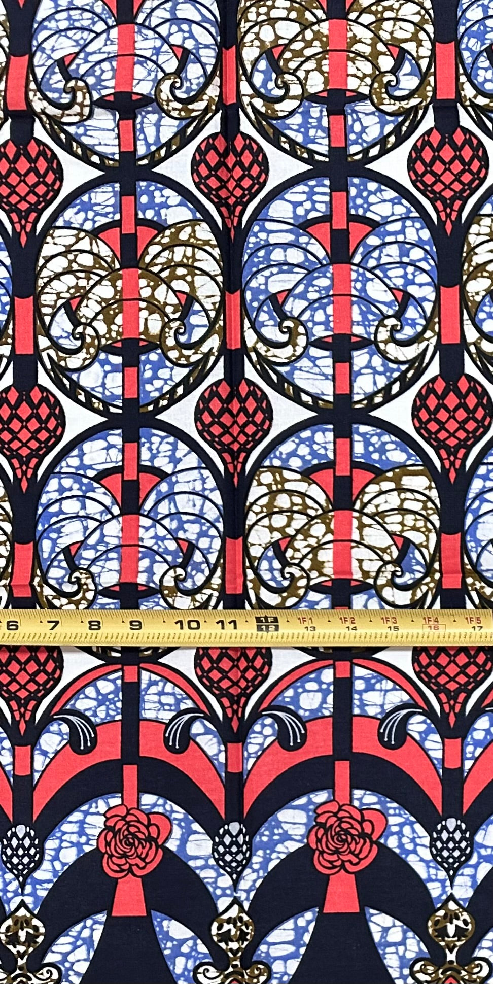African Print Fabric/ Ankara - Coral, Brown, Blue "Procession House", 1 Yard