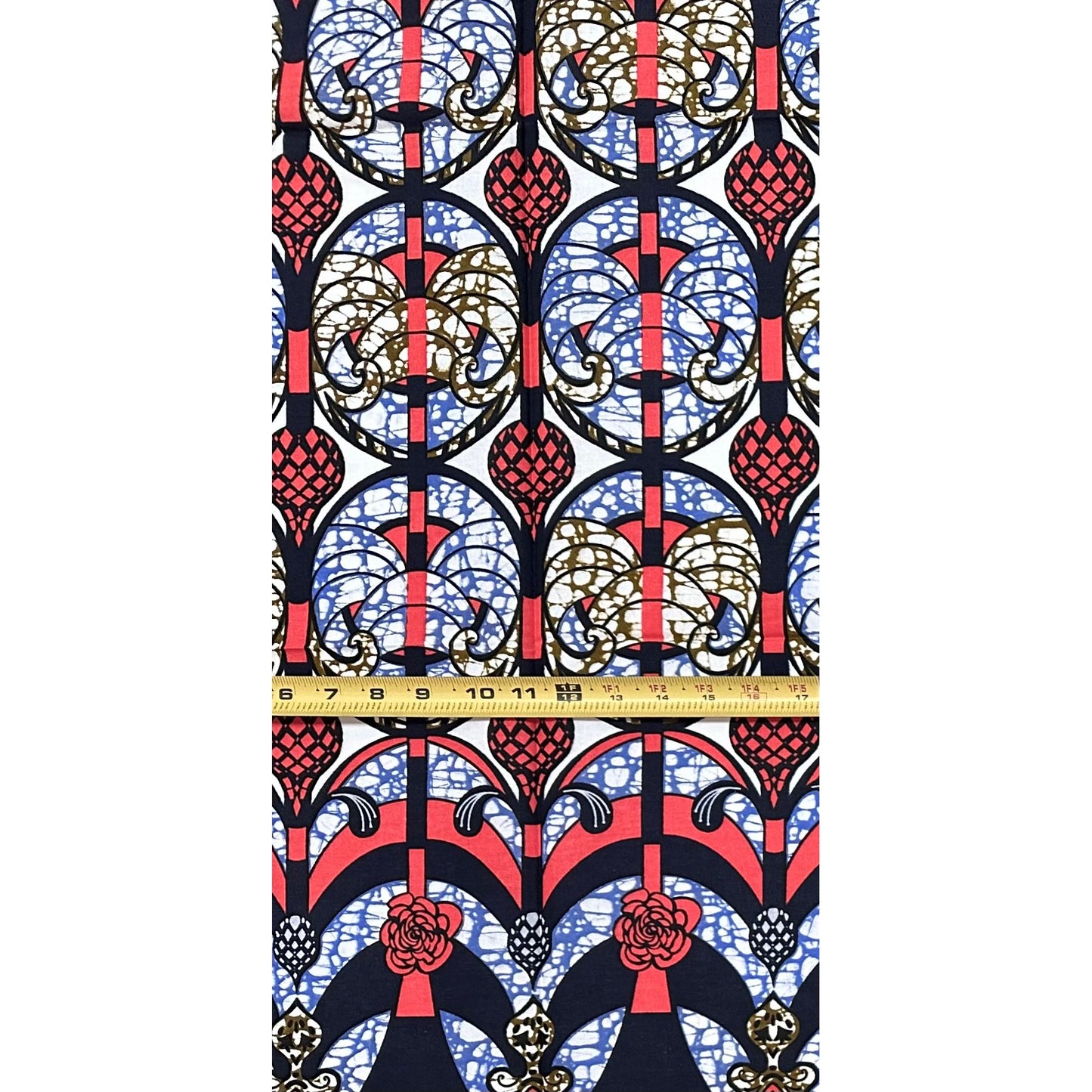 African Print Fabric/ Ankara - Coral, Brown, Blue "Procession House", 1 Yard