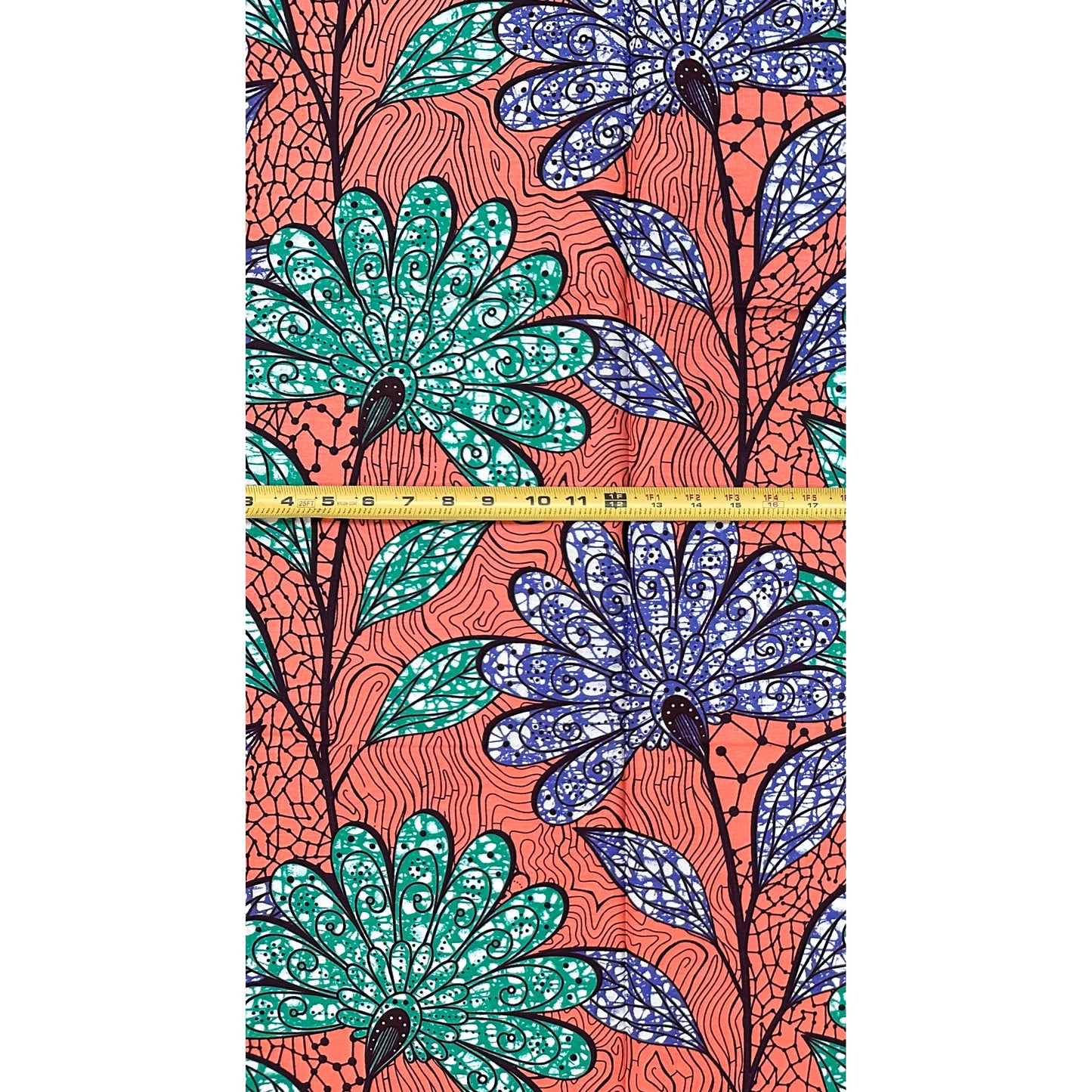 African Print Fabric/ Ankara - Apricot, Green, Blue "Ada Flora", YARD