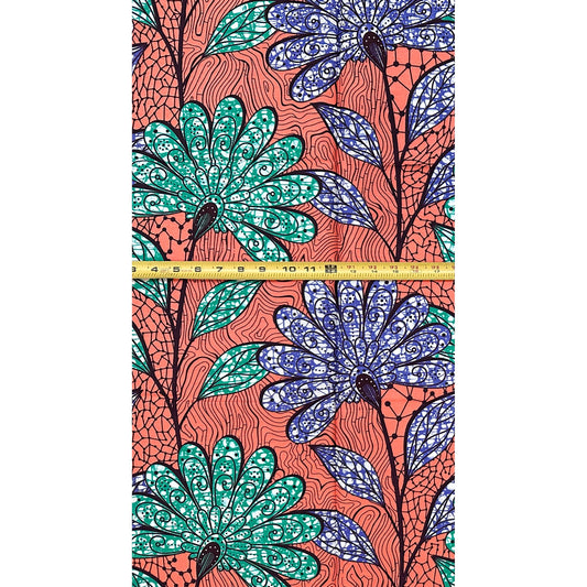 African Print Fabric/ Ankara - Apricot, Green, Blue "Ada Flora", YARD
