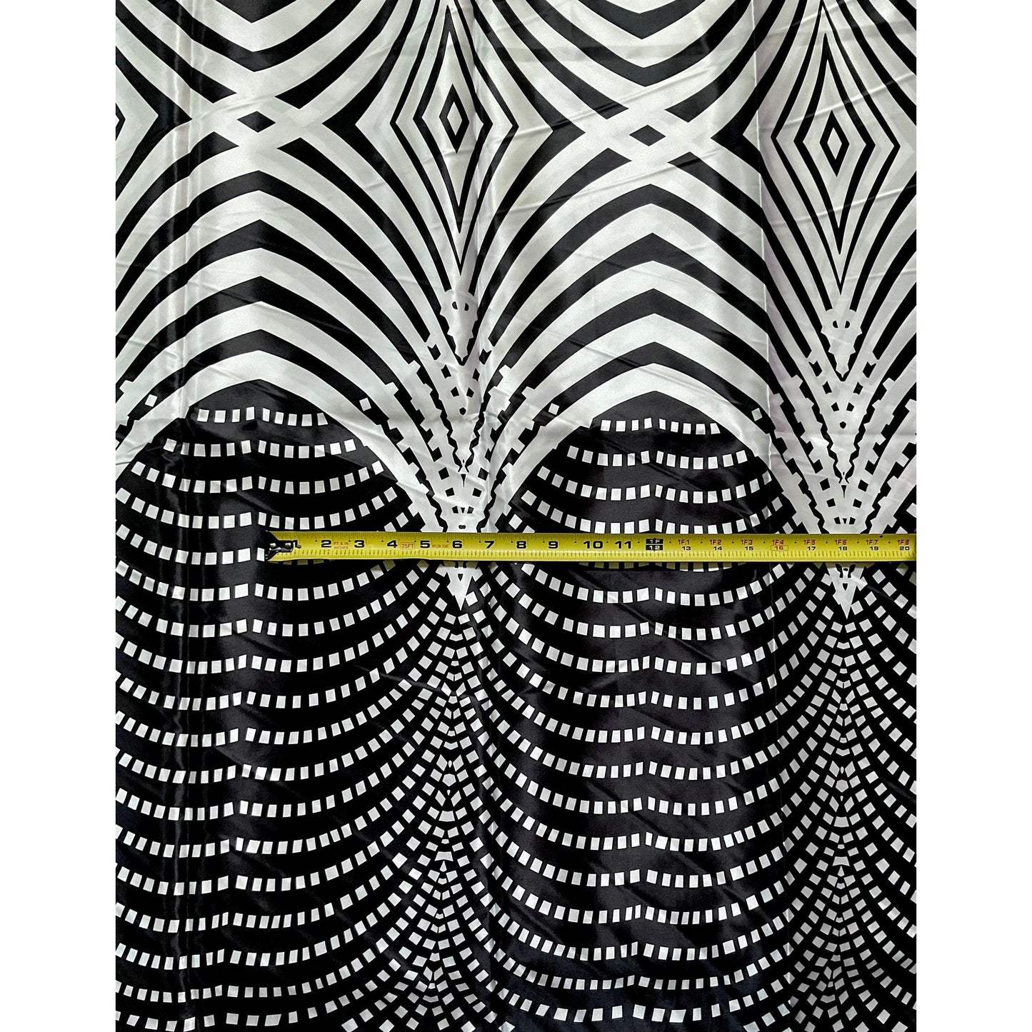 African Print, Satin Fabric- Black, White "Lalibela Heights", Yard or Wholesale