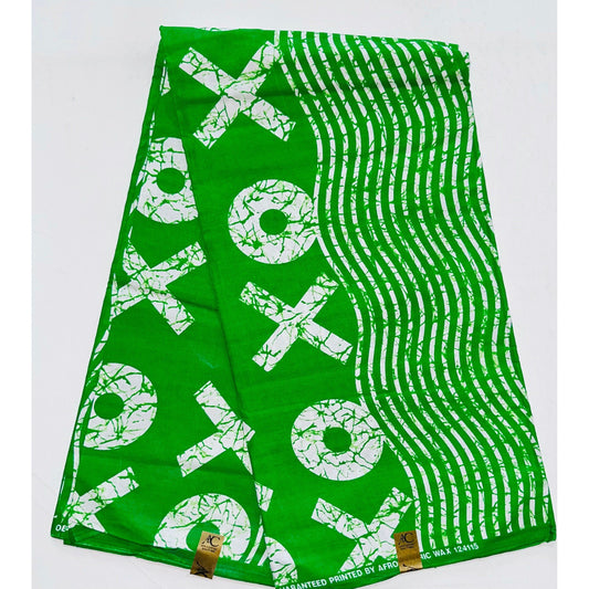 African Print Fabric/ Ankara - Green, White 'XOXO', Per Yard or Wholesale