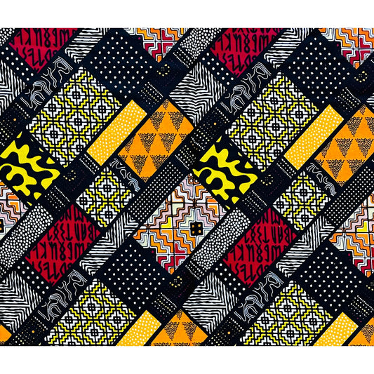 African Print Fabric/ Ankara - Red, Black, Yellow, Orange 'Omenala Code' Design, YARD or WHOLESALE