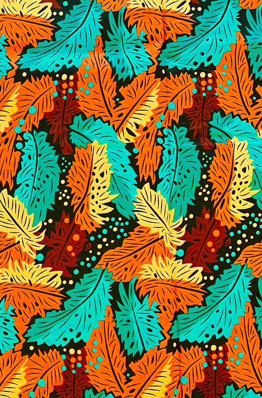 African Print Fabric/ Ankara - Orange, Yellow, Teal, Brown 'Black Soil Flame' Design, YARD or WHOLESALE
