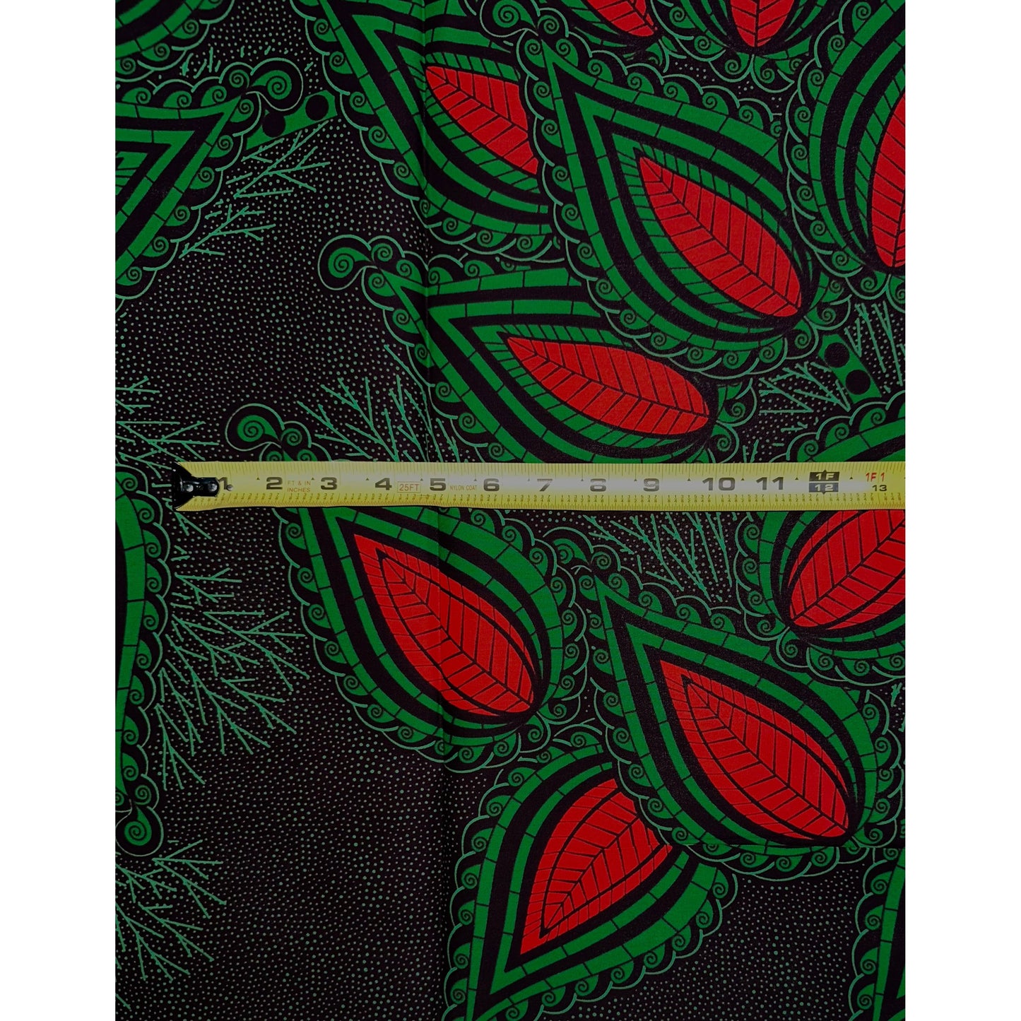 African Print Fabric/ Ankara - Green, Red, Coral ‘Leafy Matter' Design, YARD