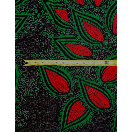 African Print Fabric/ Ankara - Green, Red, Coral ‘Leafy Matter' Design, YARD