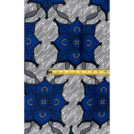 African Print Fabric/Ankara - Blue, White "Indigo Lotus" Design