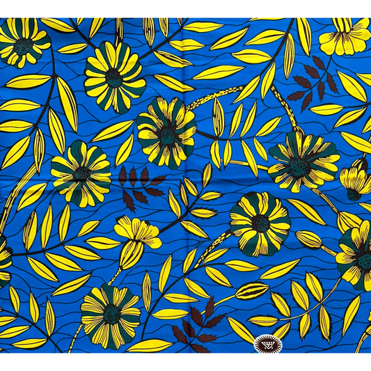African Print Fabric/ Ankara - Blue, Yellow 'Damali Botanical' Design, YARD or WHOLESALE