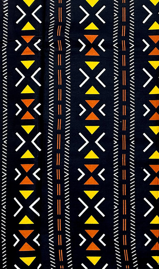 African Print Fabric/ Ankara - Black, White, Brown, Yellow 'Cross the Line' Design, YARD or WHOLESALE