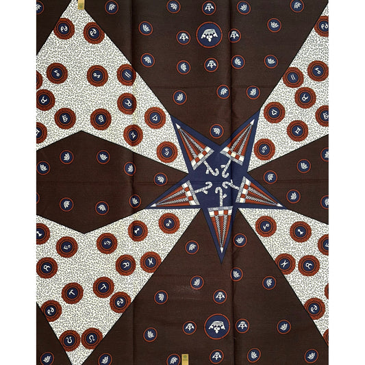 African Fabric/ Ankara - Brown, Navy, Cream 'Ceremonial Umbrella of Dahomey’ Design, YARD or WHOLESALE