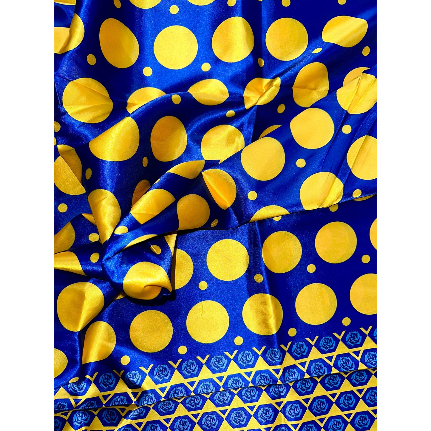 African Print, Satin Fabric - Blue, Yellow "Circles of Eliud", Per Yard or Wholesale