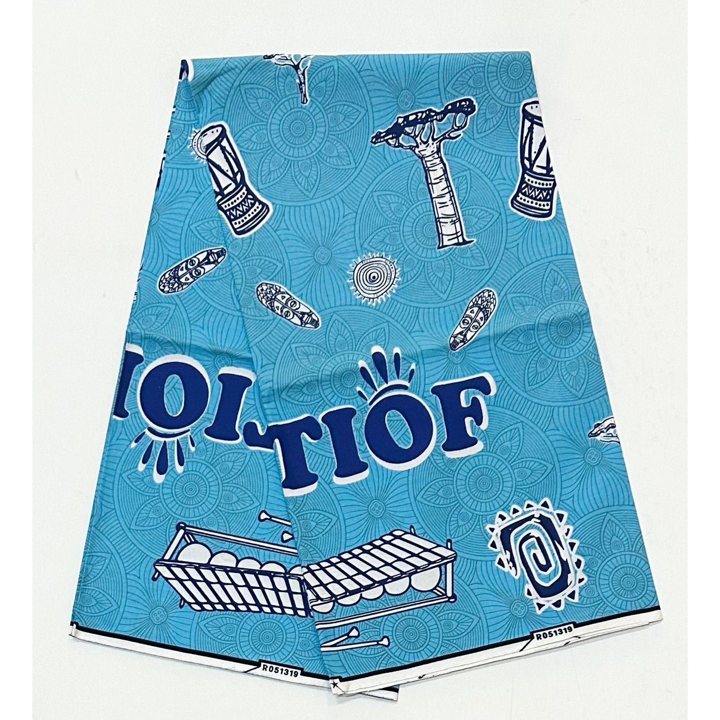 African Print Fabric/ Ankara - Blue, White ‘Tiof Drums of Africa' Design, YARD