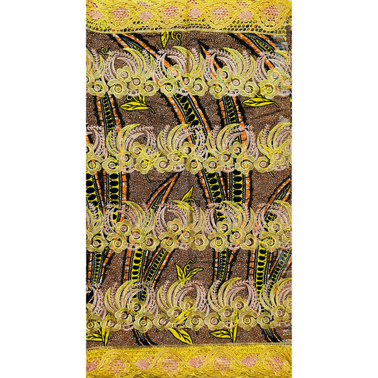 African Print Lace Fabric/ Ankara - Yellow, Orange, Navy 'Iyahen Swirl', Yard or Wholesale