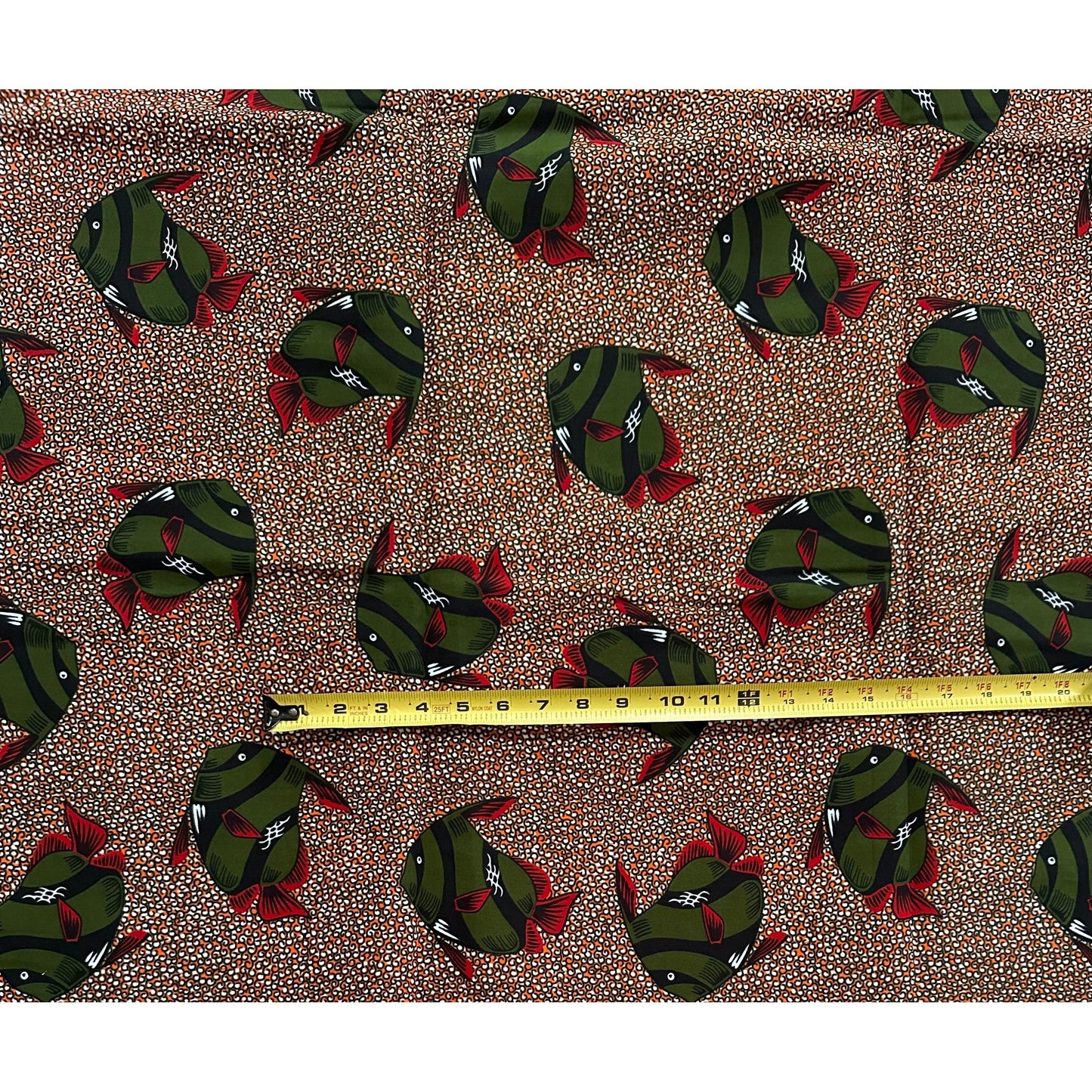 African Print Fabric/ Ankara -Brown, Green, Red 'Gone Fishing', Per Yard or Wholesale