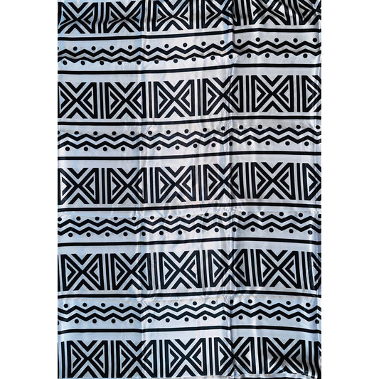 African Print, Satin Fabric- Black, White "Nima", Yard or Wholesale