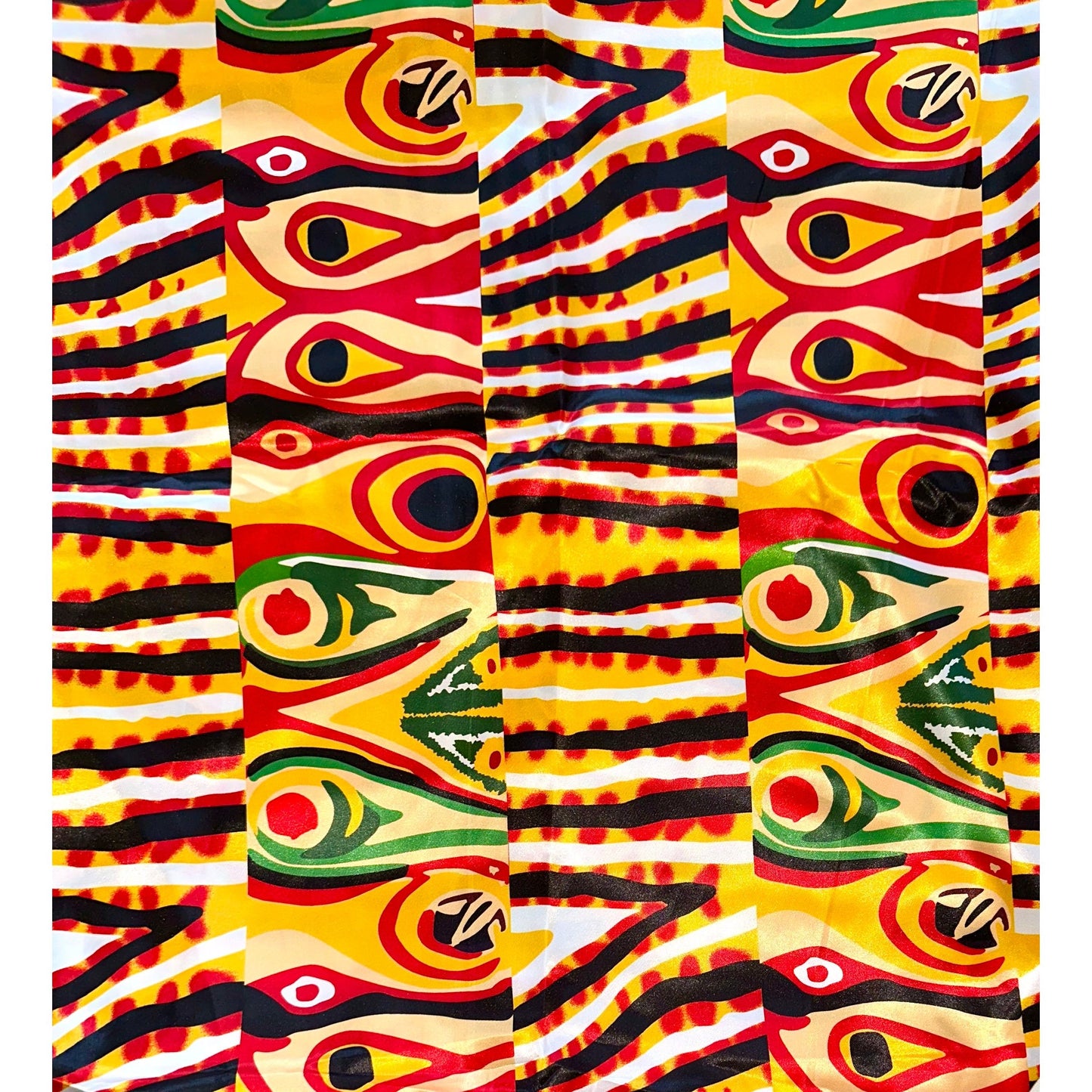 African Print, Satin Fabric - Yellow, Red, Black, Green "Khemet Pepper", Per Yard or Wholesale