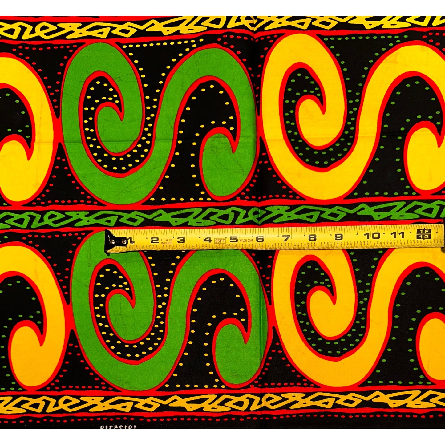 African Print Fabric/ Ankara - Green, Yellow, Red, Black 'Groove Line' Design, 1 Yard