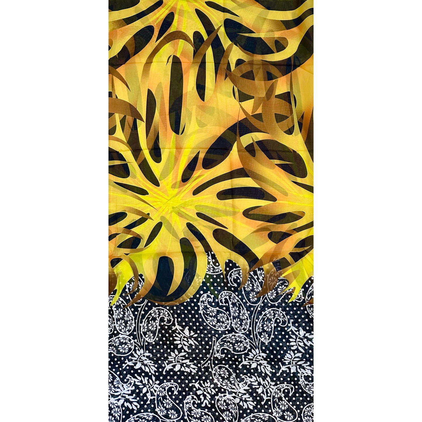 African Print, Chiffon Fabric- Black, White, Yellow, Gold "Swirl of Ibukun", ~ 2 Yards