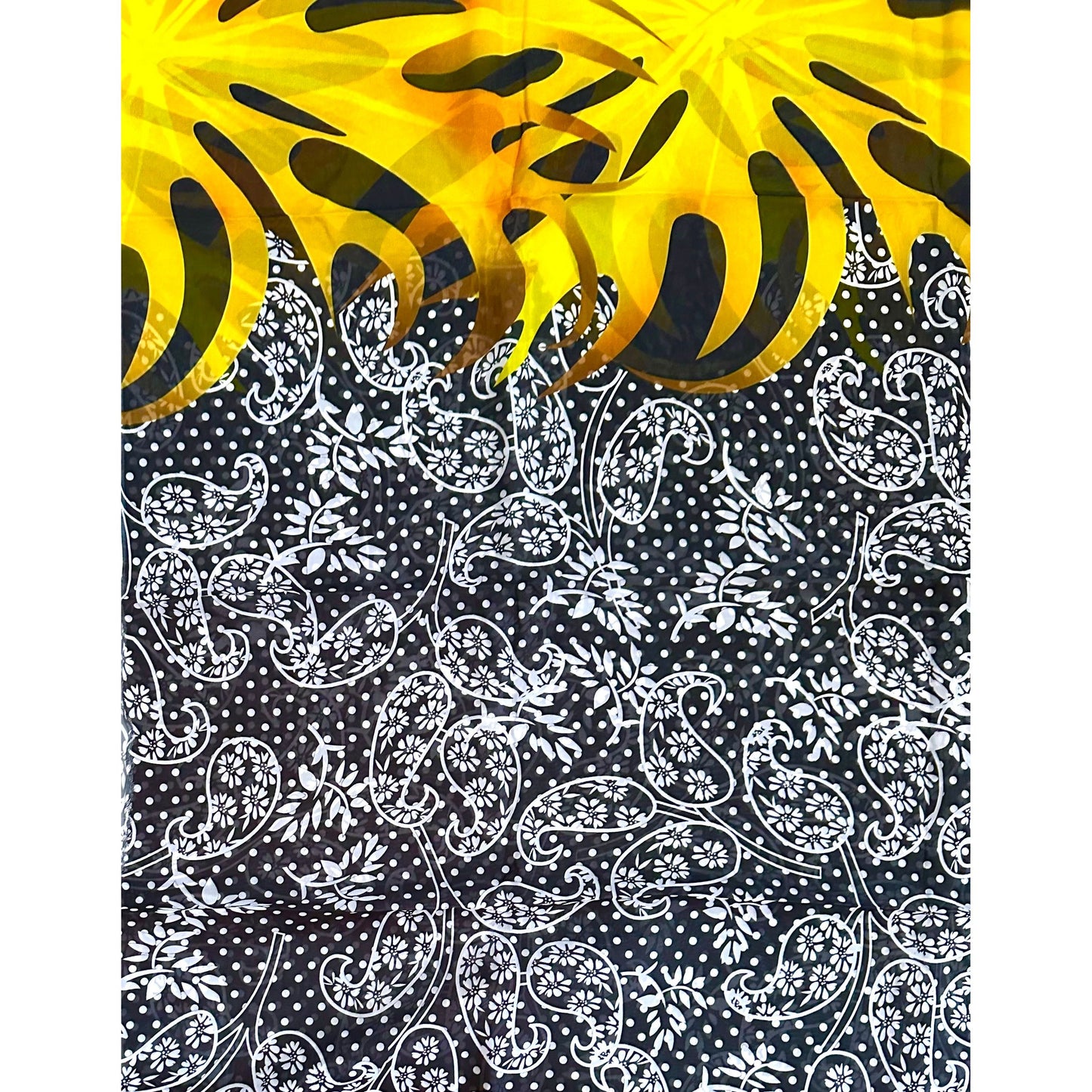 African Print, Chiffon Fabric- Black, White, Yellow, Gold "Swirl of Ibukun", ~ 2 Yards