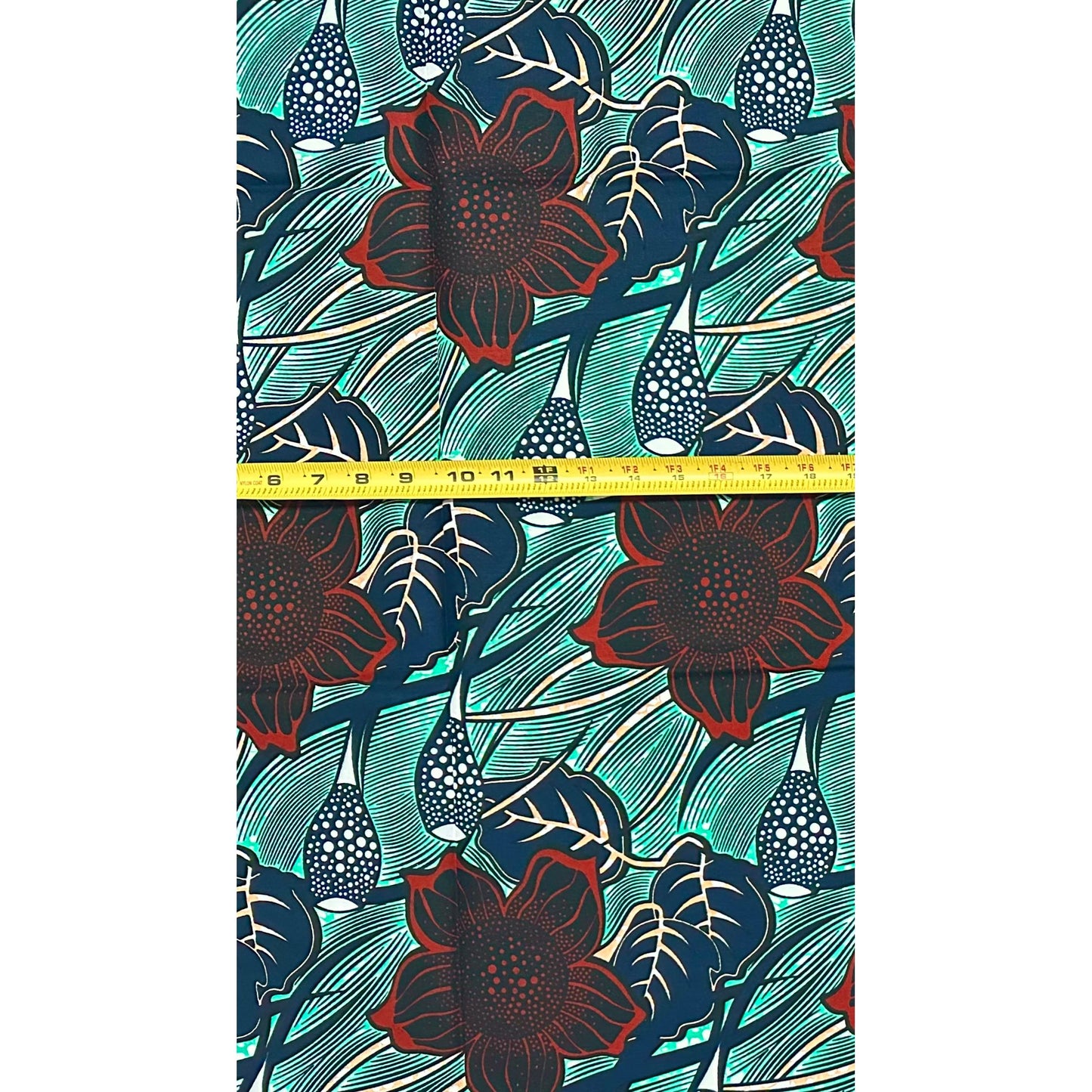 African Print Fabric/ Ankara - Green, Brown, Navy 'Harbor Garden', 1 YARD