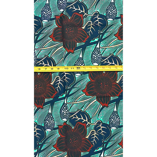 African Print Fabric/ Ankara - Green, Brown, Navy 'Harbor Garden', 1 YARD