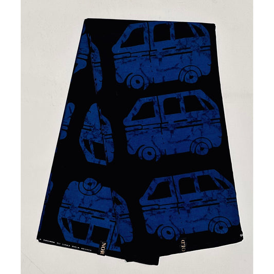 African Print Fabric/ Ankara - Blue, Black 'Danfo Driver' Design, YARD or WHOLESALE