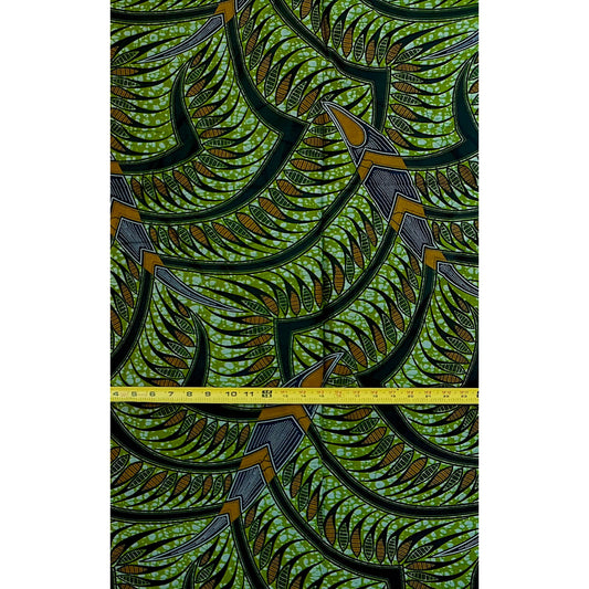 African Print Fabric/ Ankara - Green, Brown 'Amina Flow,' 1 YARD