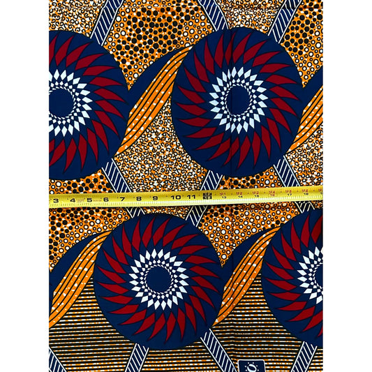 African Print Fabric/ Ankara - Orange, Blue, Red ‘The Gathering' Design, 1 YARD