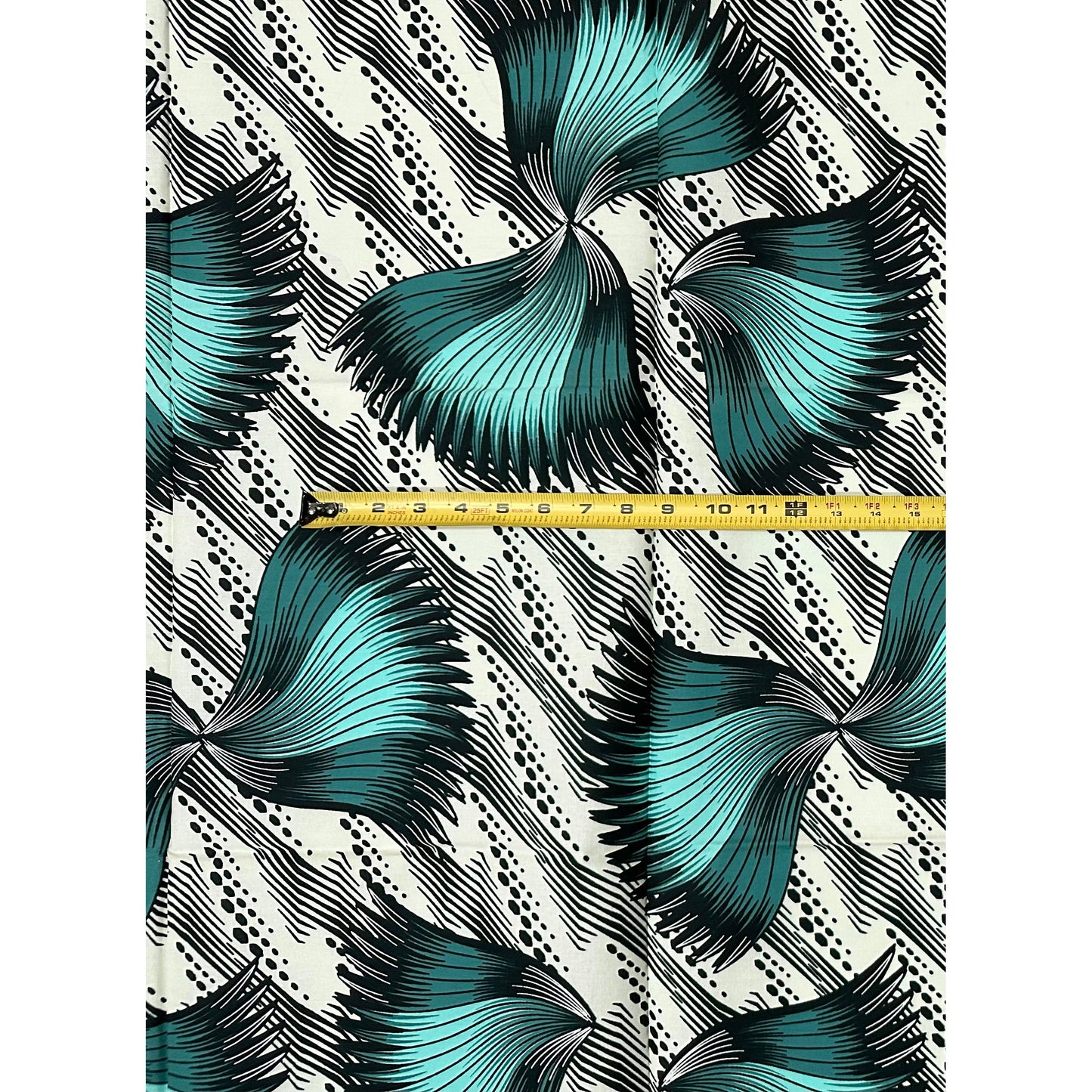 African Print Fabric/Ankara - Cream, Teal, Blue “Ayé Wings" Design, 1 Yard