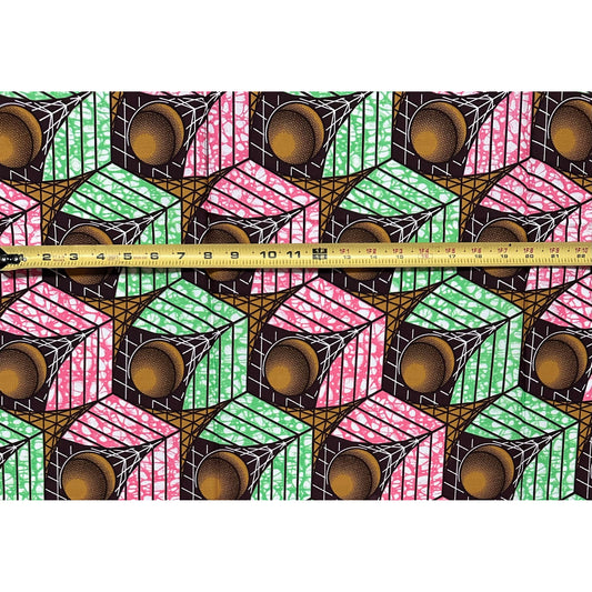 African Print Fabric/Ankara - Pink, Green, Brown "Cube of Calabar" Design, 1 Yard