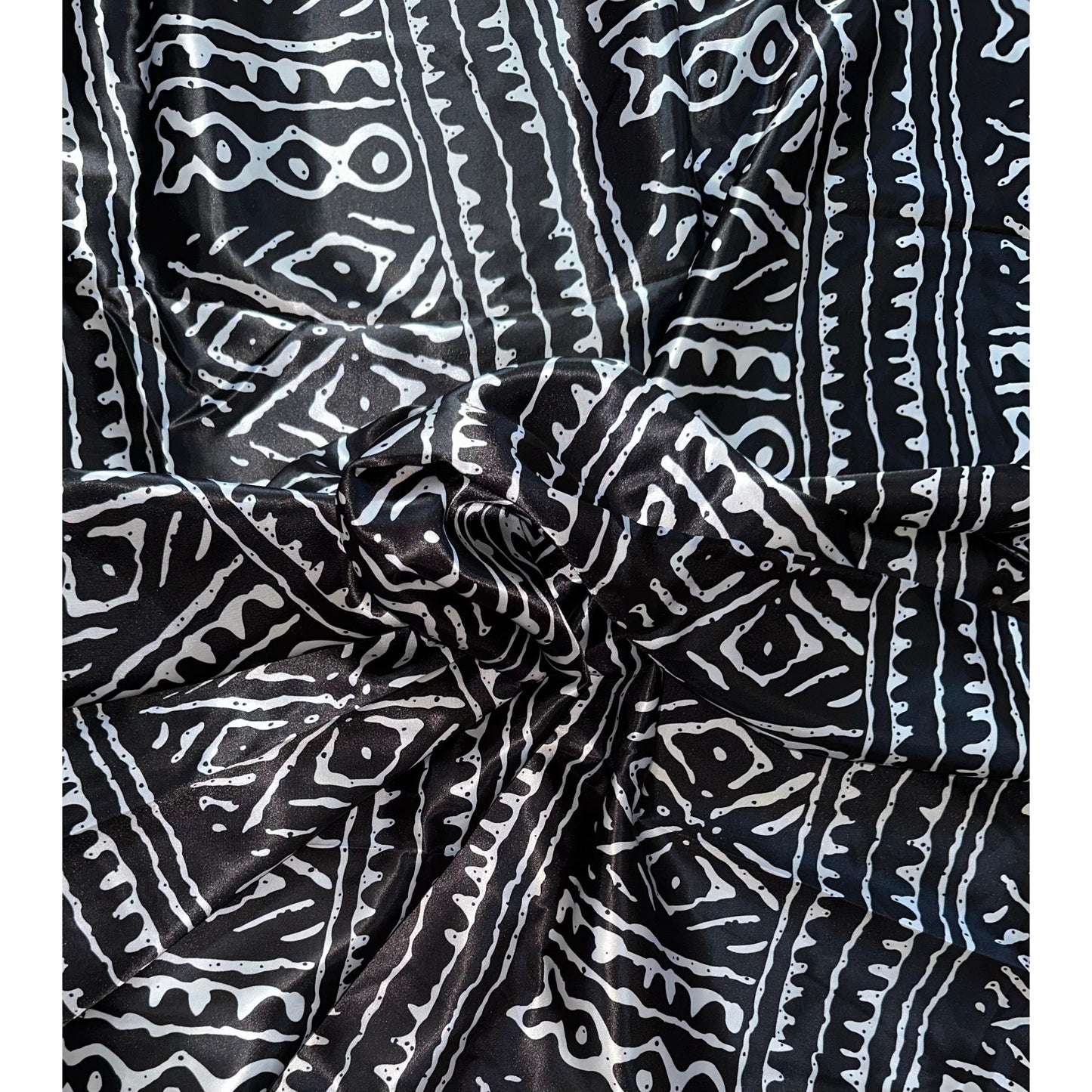 African Print, Satin Fabric - Black, White "Meroitic Chapter", Per Yard or Wholesale