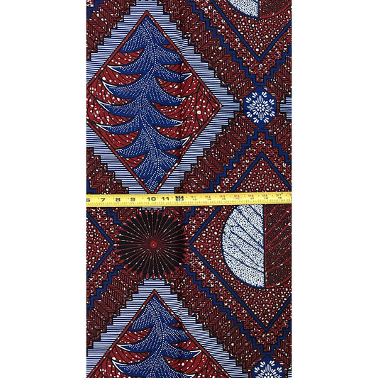 African Print Fabric/ Ankara - Brown, Navy, White 'Abusey Diamond', 1 YARD