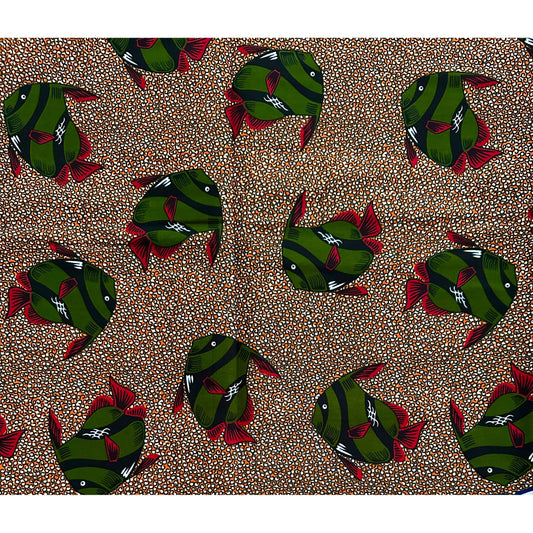 African Print Fabric/ Ankara -Brown, Green, Red 'Gone Fishing', Per Yard or Wholesale
