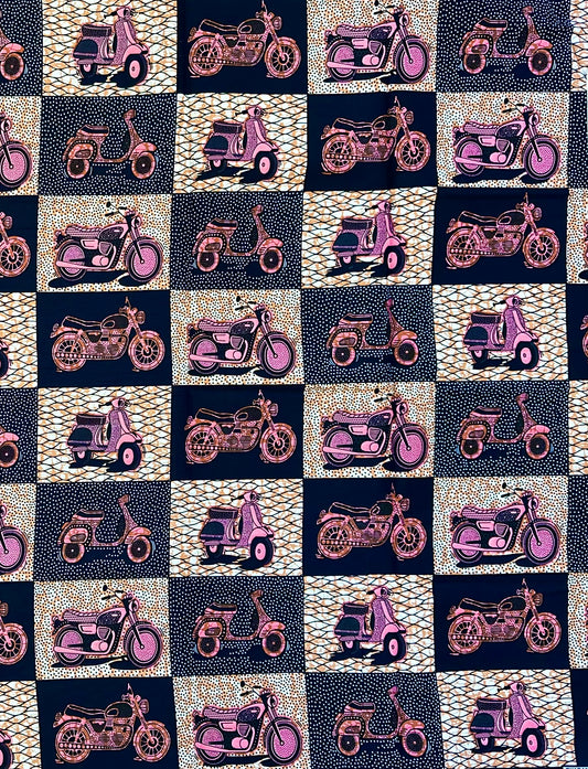African Print Fabric/ Ankara - Pink, Navy, Brown 'Biker Chick' Design, YARD or WHOLESALE