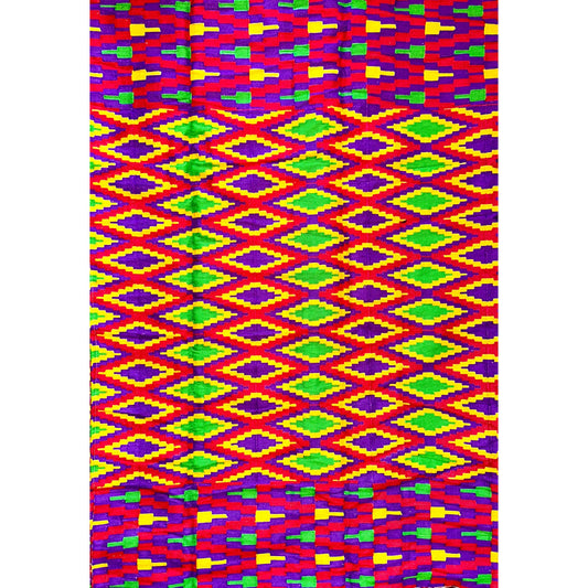 African Fabric/ Woven Kente - Red, Purple, Yellow, Green “Ahomk”, 4 Yards