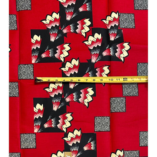 African Print Fabric/ Ankara - Red, Black, Cream 'Ina Burst,’ 1 YARD