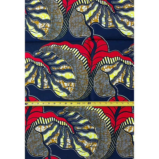 African Print Fabric/ Ankara - Red, Yellow, Navy 'Big Leaf Energy', 1 YARD
