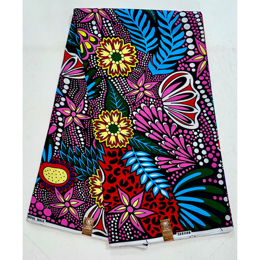 African Fabric/ Ankara - Pink, Blue, Yellow, Green, Red 'Ajah Flowers,' Design, YARD or WHOLESALE
