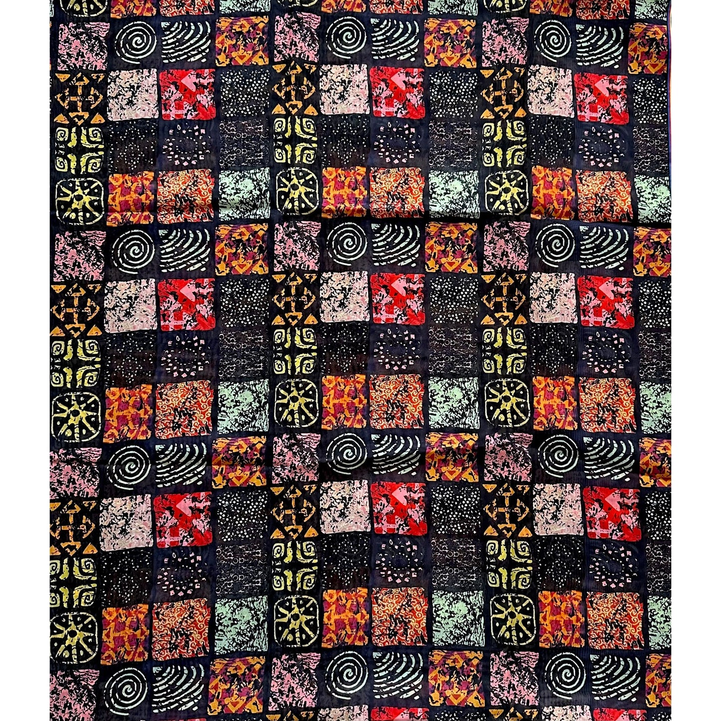 African Print, Chiffon Fabric - Pink, Red, Black, Beige, Yellow "Camelia", ~2 Yards