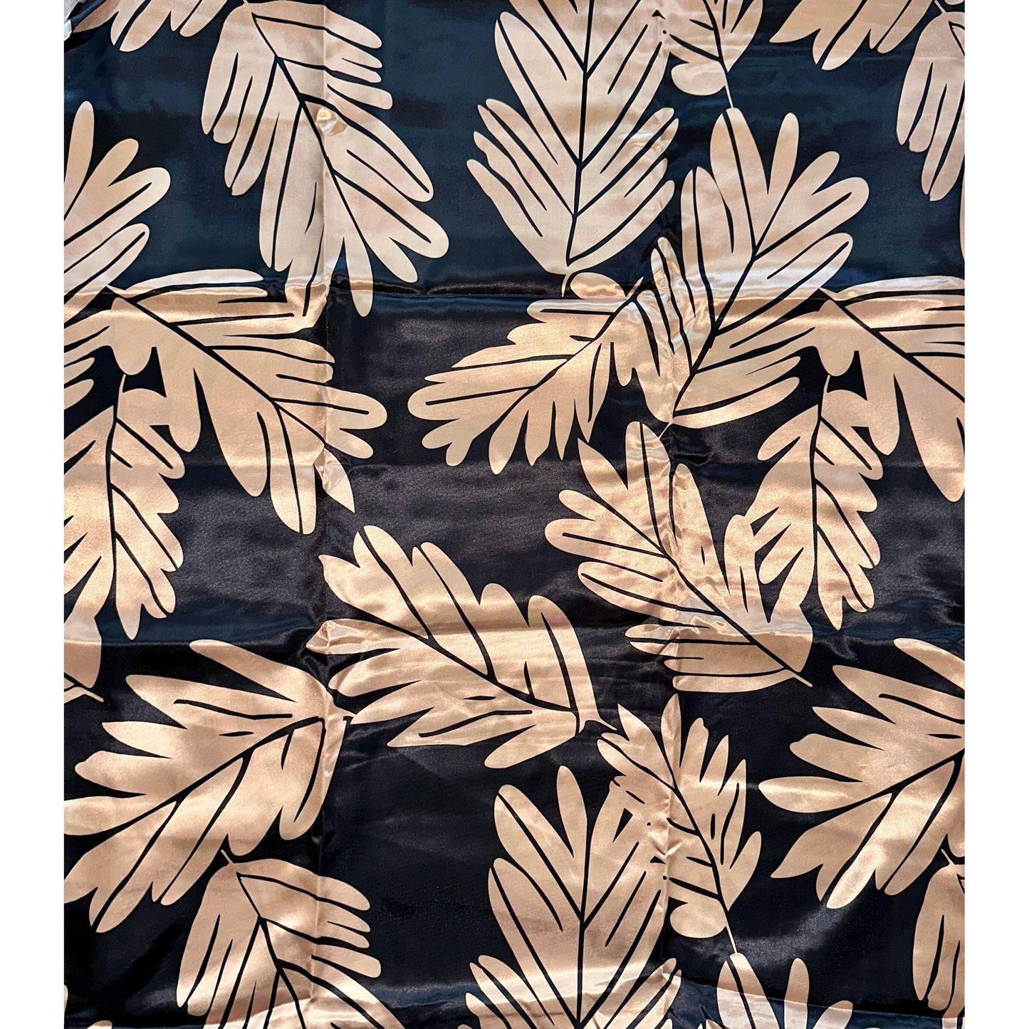 African Print, Satin Fabric- Light Brown/ Gold, Black "Leaves of Darien", Per Yard or Wholesale