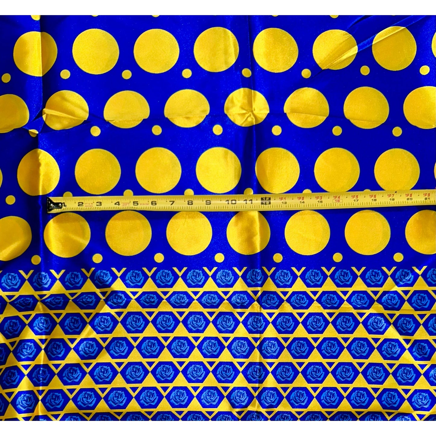 African Print, Satin Fabric - Blue, Yellow "Circles of Eliud", Per Yard or Wholesale